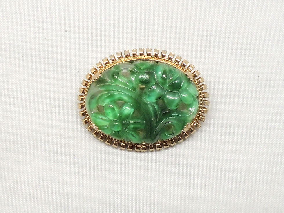 Thumbnail: Vintage 1960s Signed Napier Oval Carved Faux-Jade Brooch