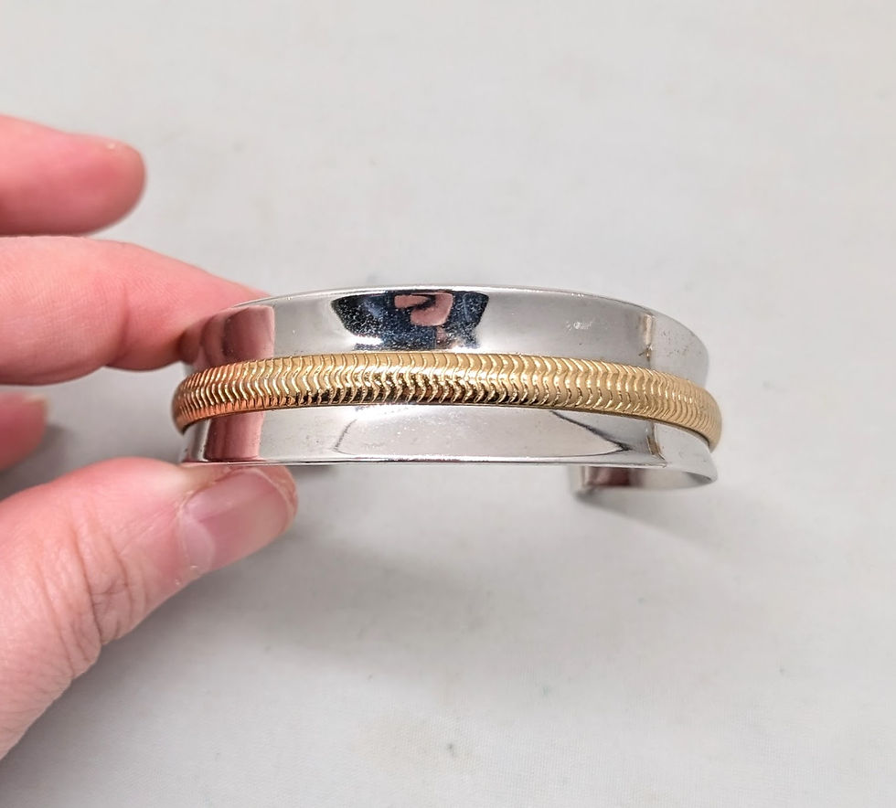 Thumbnail: Vintage 1975 Signed Napier Goldtone Rhodium Plated Goldtone Stripe Cuff Bracelet