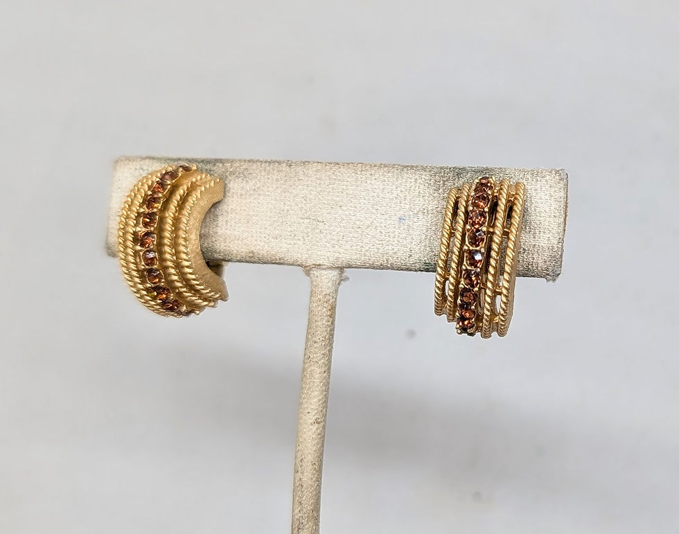 Thumbnail: Vintage 1960s Signed Crown Trifari Goldtone Faux-Topaz Clip Earrings