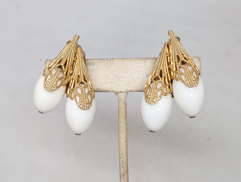 Thumbnail: Vintage 1950s Signed Napier Goldtone Filigree & White Resin Clip Earrings