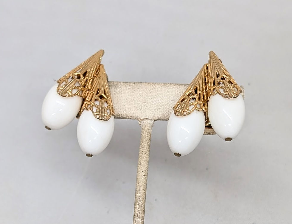 Thumbnail: Vintage 1950s Signed Napier Goldtone Filigree & White Resin Clip Earrings