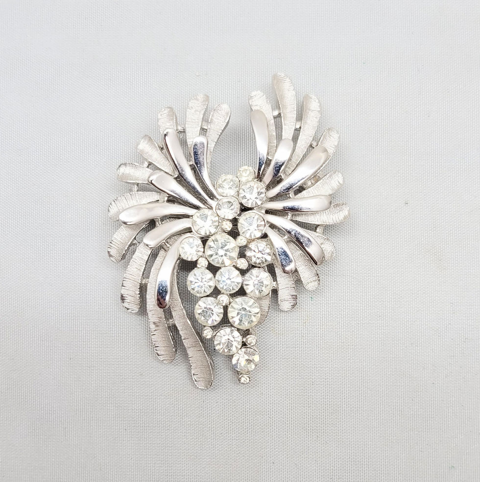 Thumbnail: Vintage Signed Crown Trifari Rhodium Plated Clear Rhinestone Brooch