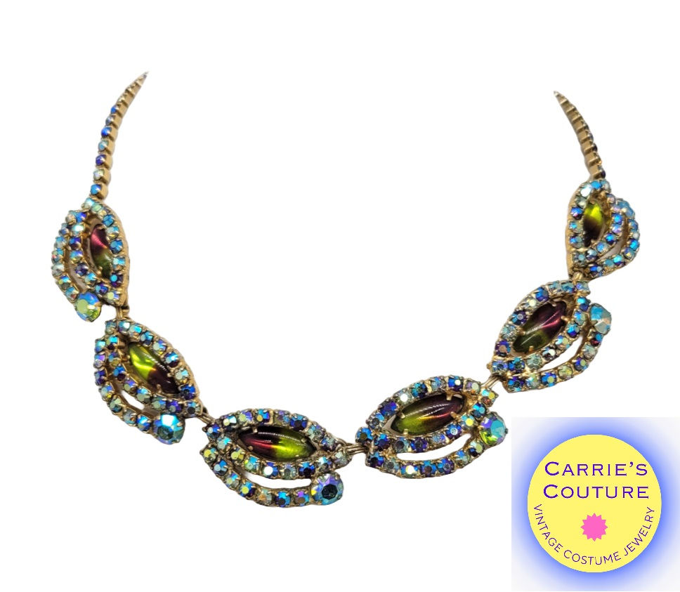 Vintage Signed Hobe Rhinestone Green/Purple Givre & Aurora Borealis Necklace