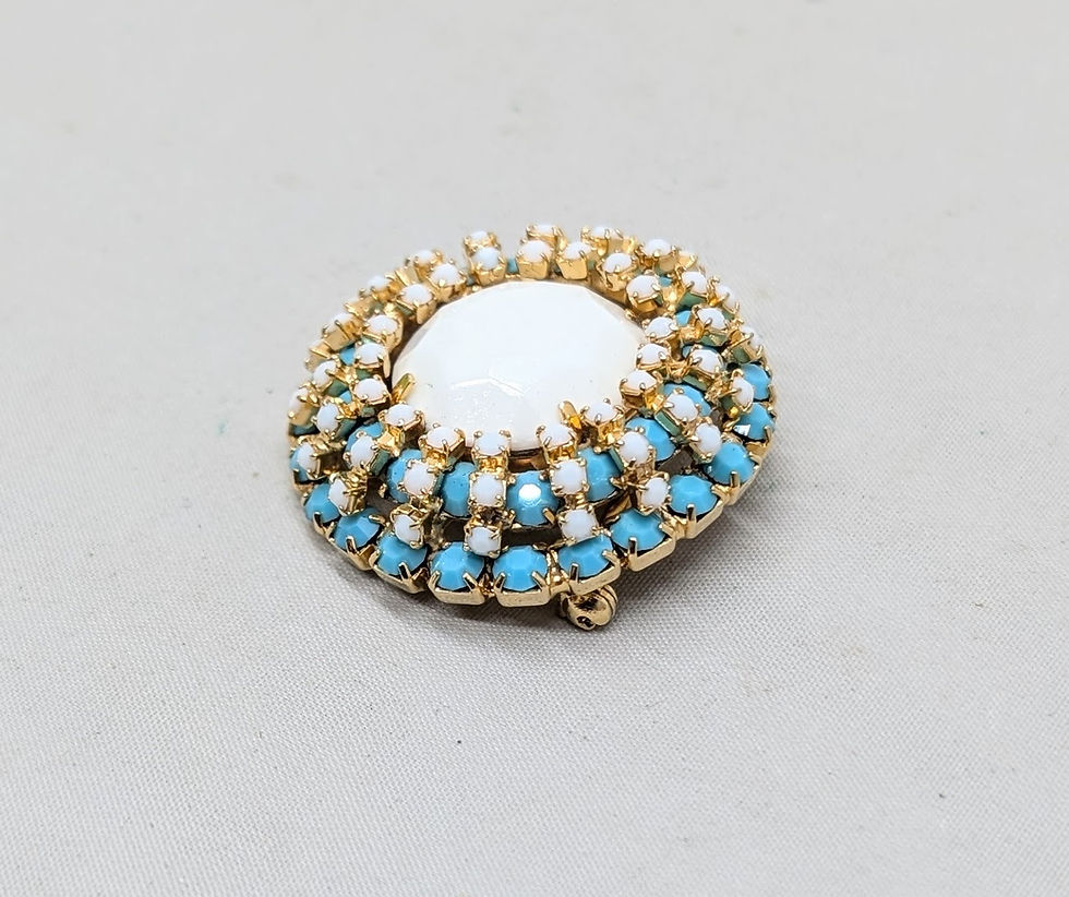 Thumbnail: Vintage 1960s Signed Castlecliff Round White & Faux-Turquoise Rhinestone Brooch