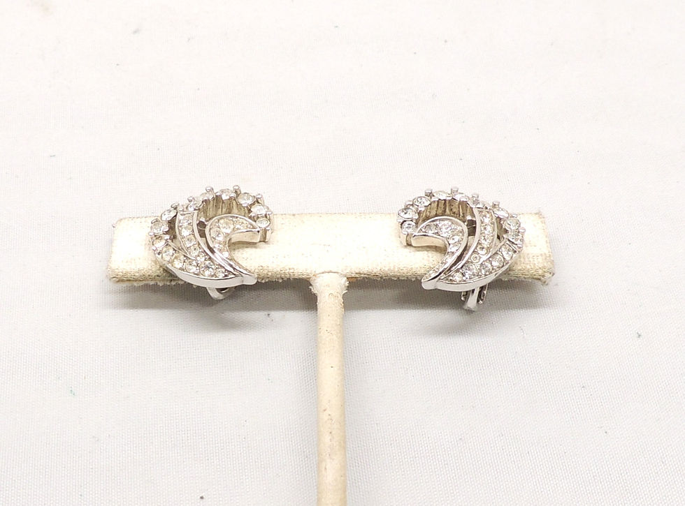 Thumbnail: Vintage 1950s Signed Crown Trifari Rhodium Plated Clear Rhinestone Clip Earrings