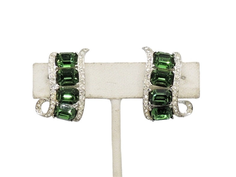 Vintage 1960s Signed Kramer Rhodium Plated Faux-Emerald Clip Earrings