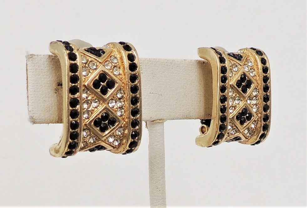 Thumbnail: 1980s Ciner Goldtone Faux-Onyx & Clear Rhinestone Earrings