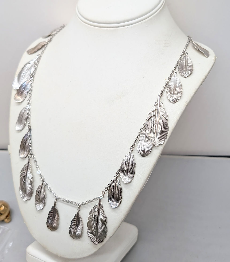 Thumbnail: Vintage Signed Napier Rhodium Plated Feathers Charm Necklace, 1982