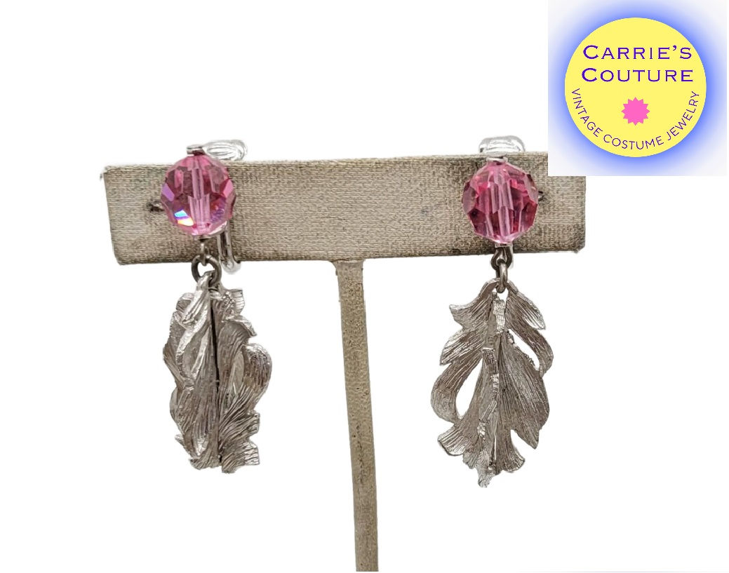 Vintage Signed Napier Rhodium Plated Pink Bead Feather Drop Clip Earrings