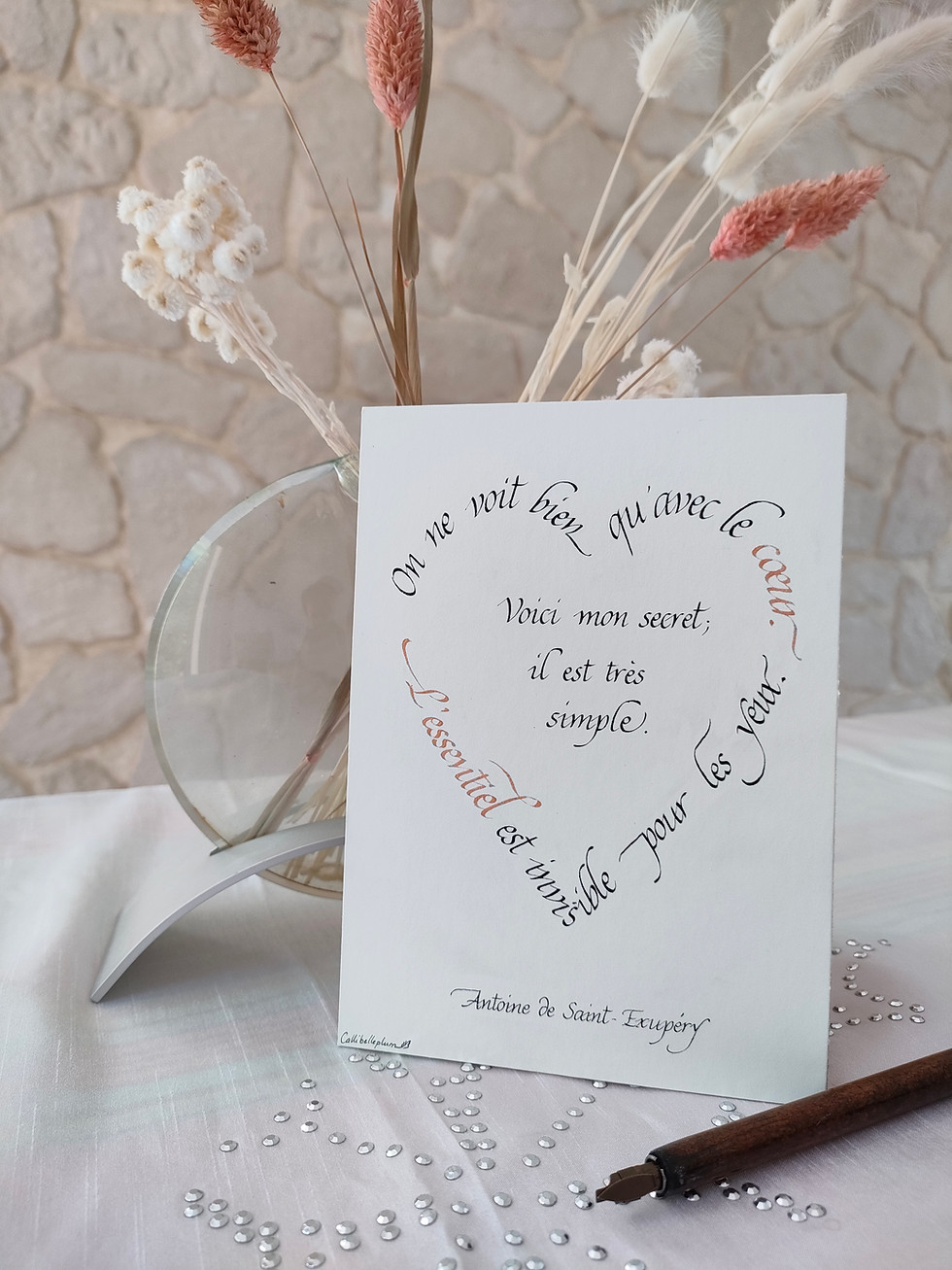 Calligraphie originale en forme de cœur, 100% fait-main.