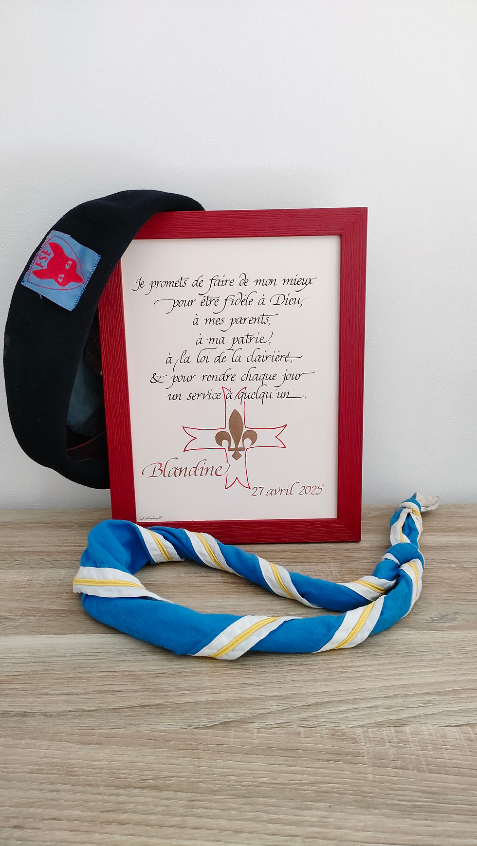 Calligraphie en cadeau pour une promesse scoute