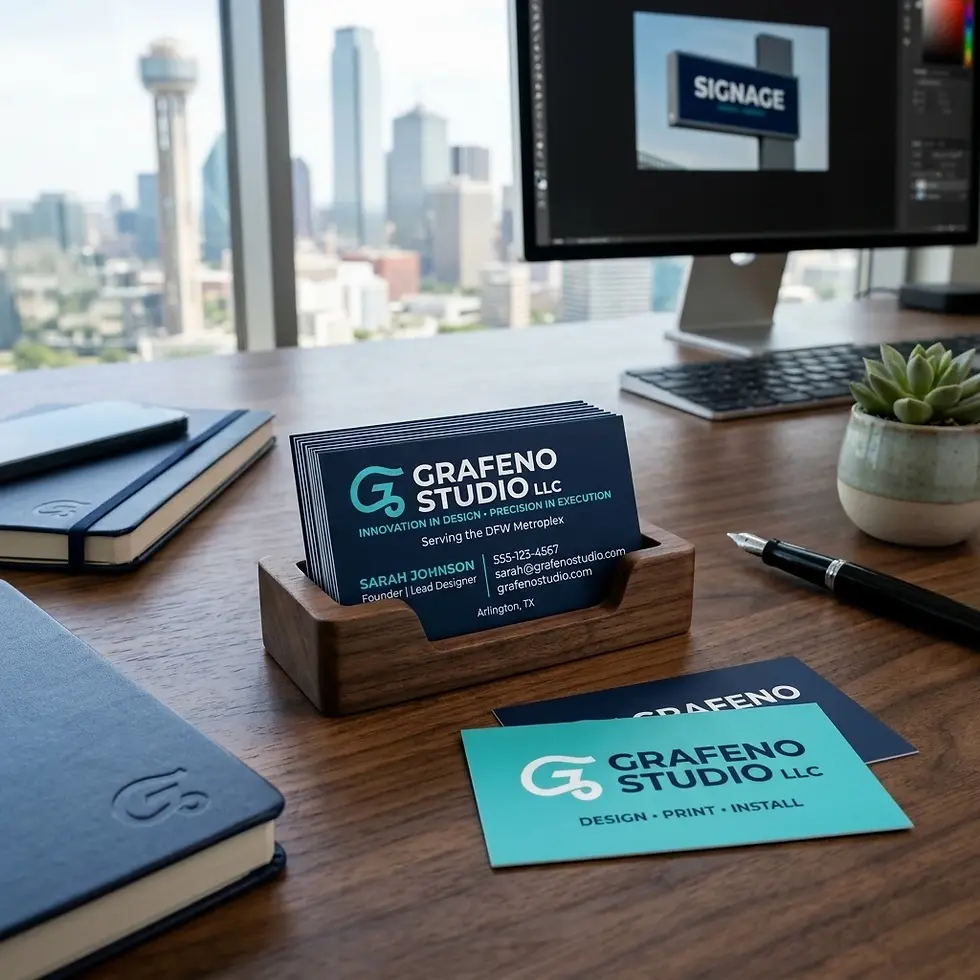 Modern custom business cards with unique finishes for a Dallas-Fort Worth (DFW) entrepreneur, featuring luxury options like soft-touch lamination, silk-matte coating, or rounded corners for standout branding in North Texas.