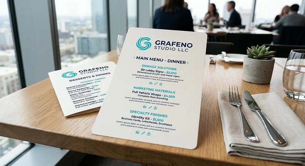 Custom-printed restaurant menus and laminated café menu cards for a Dallas-Fort Worth (DFW) eatery, featuring high-definition food photography, spill-resistant coatings, and elegant typography for North Texas hospitality branding.