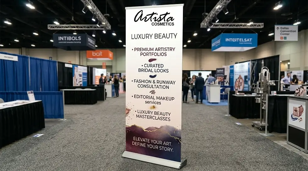 Premium "roll-up" banner display with a matte anti-curl vinyl print for a Plano business lobby, providing a sleek and portable branding solution for Metroplex events.
