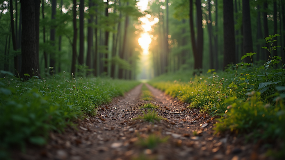Eye-level view of a serene forest path