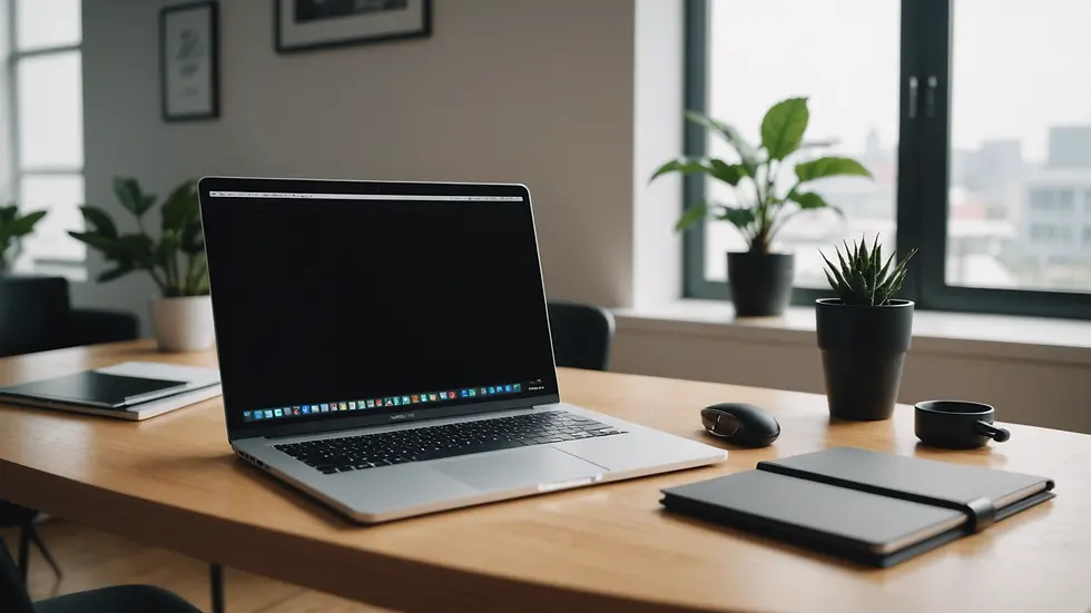 Wide-angle view of a minimalistic workspace with a laptop open to Figma