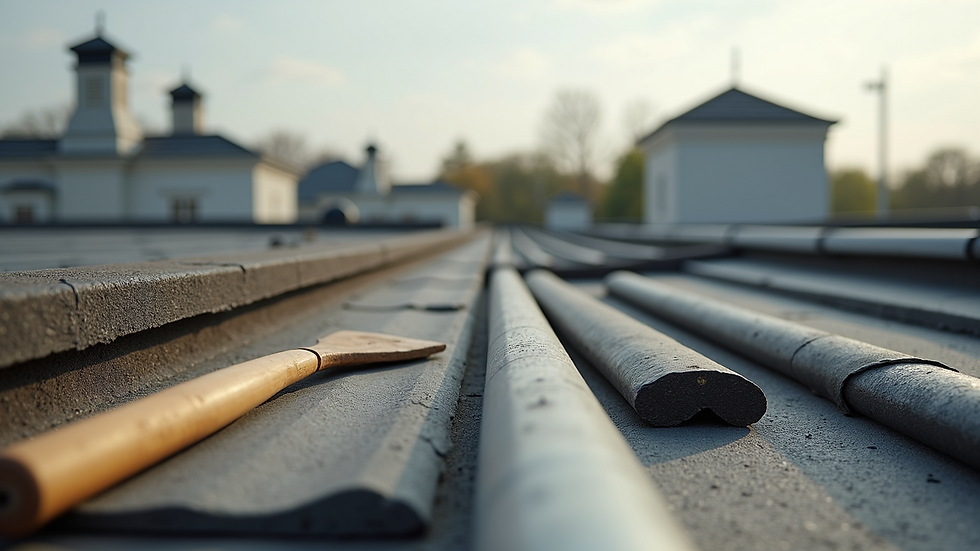 Close-up view of roofing materials and tools laid out on a rooftop