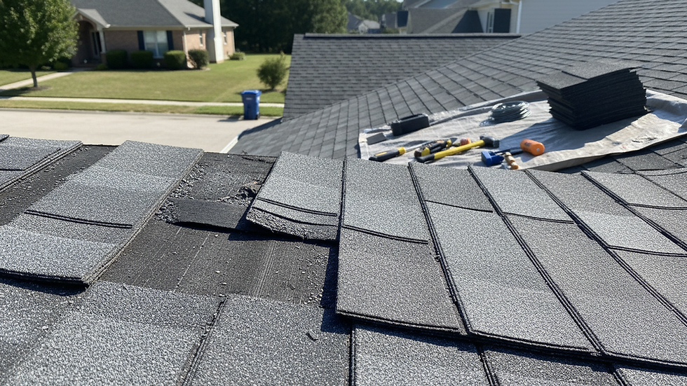 Close-up view of damaged asphalt shingles on a roof