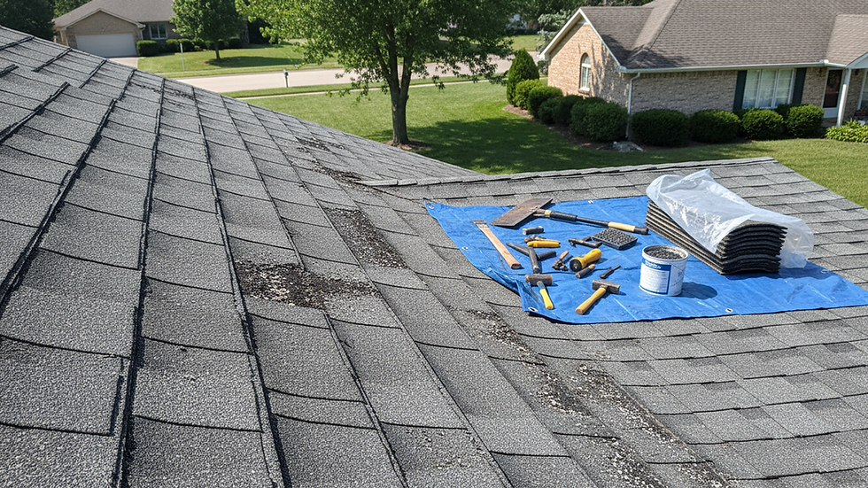 Close-up view of damaged asphalt shingles with granule loss
