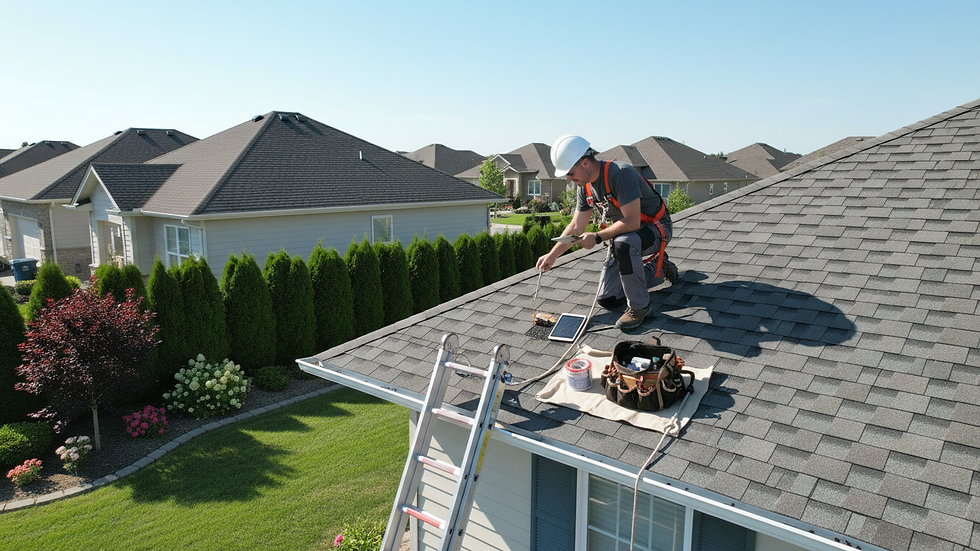 High angle view of a person inspecting a roof with a ladder nearby