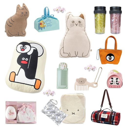 大抽選会の豪華景品イメージ。猫やペンギンのクッション、キャラクターのタンブラーやポーチ、ヘアケアグッズ、レジャーシートなど、毎日が楽しくなるライフグッズの詰め合わせ。