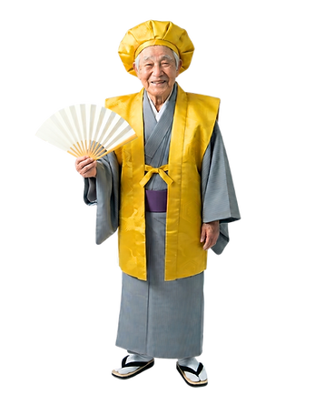 米寿(88歳・べいじゅ)のお祝いに、縁起の良い黄色のちゃんちゃんこと祝頭巾を着用し、白扇子を手にして微笑む高齢男性のイラスト。高知の大先輩へ贈る「ハレノヒ、贈ります。」プロジェクトのシンボル。