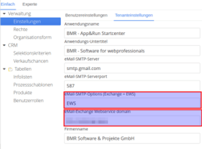 Die EWS-Konfiguration in der Verwaltung