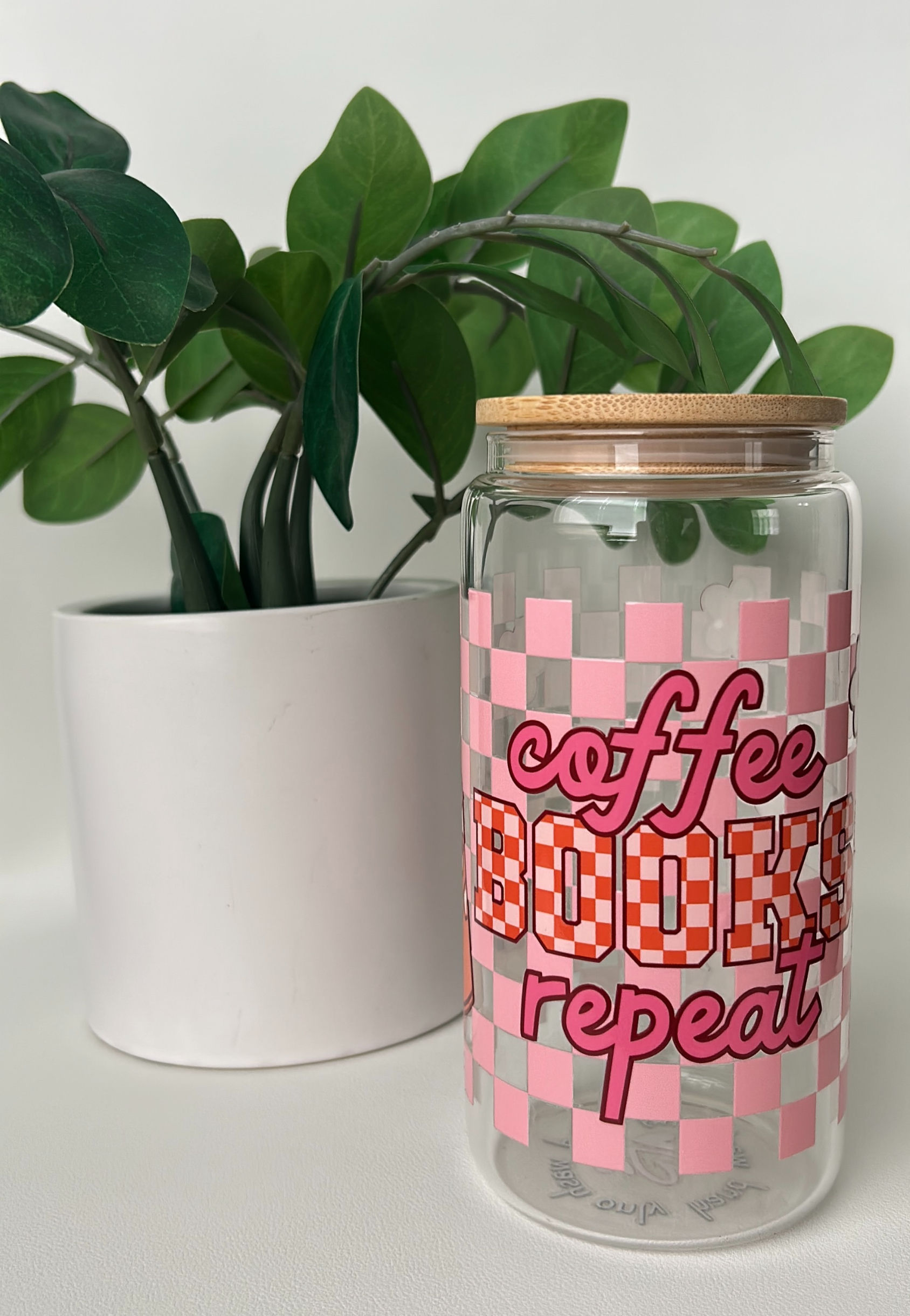 Coffee, Books, Repeat Checkered Flower 16 oz Glass Cup
