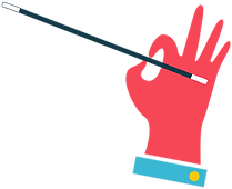 Cartoon drawing of red gloved hand holding a black magic wand