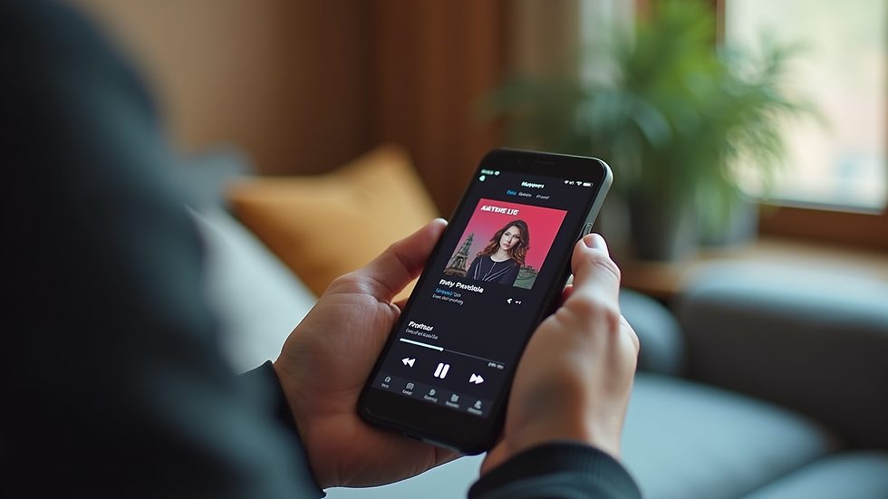Close-up view of a hand holding a smartphone displaying a music streaming app