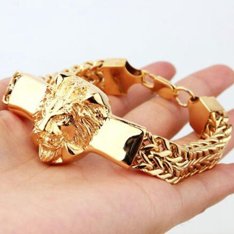 Thumbnail: Men's Gold Stainless Steel Franco Chain Lion Head Bracelet
