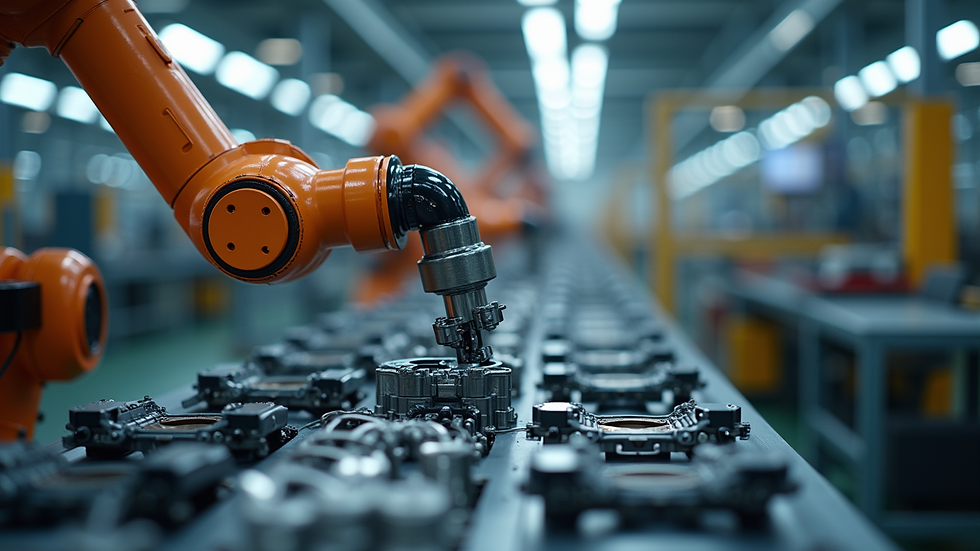 Eye-level view of a robotic arm assembling automotive parts
