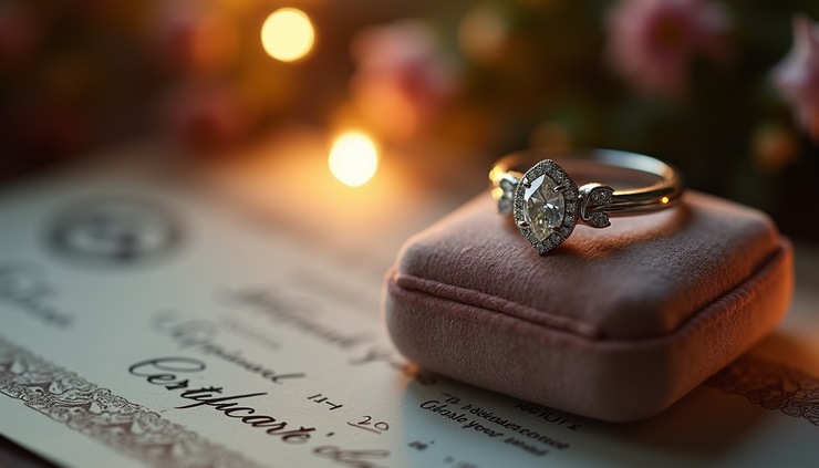 High angle view of a diamond ring on a velvet cushion with a GIA certificate in the background