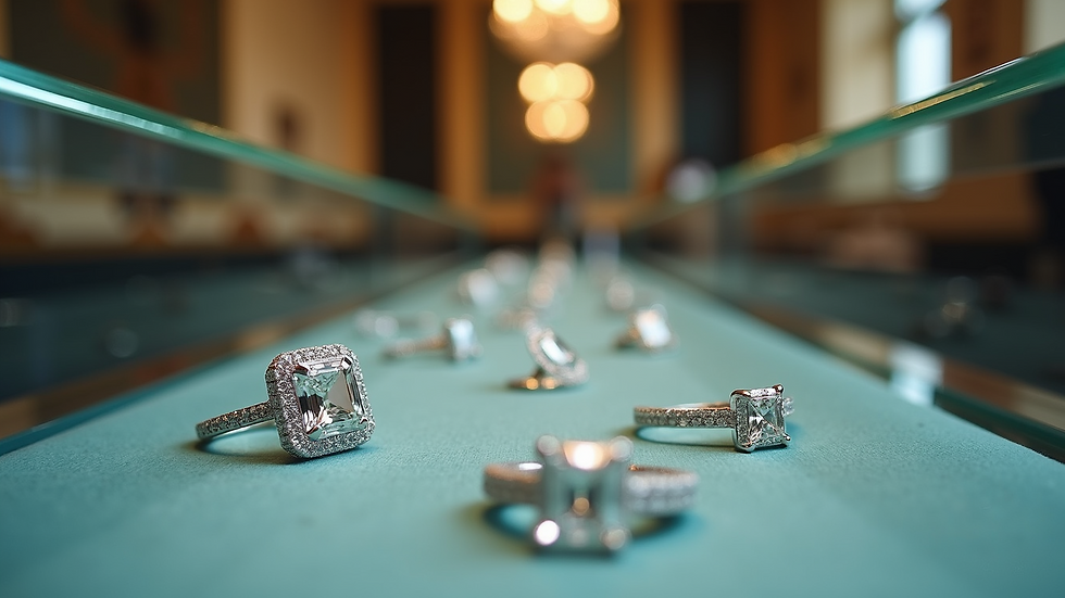Eye-level view of a jeweler's display case with certified diamonds