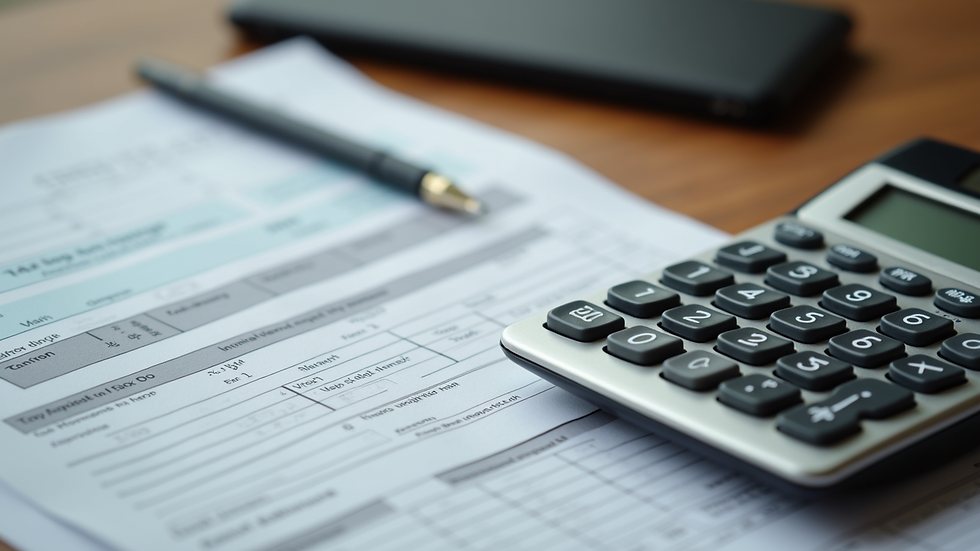 Close-up view of a calculator and tax documents on a wooden desk