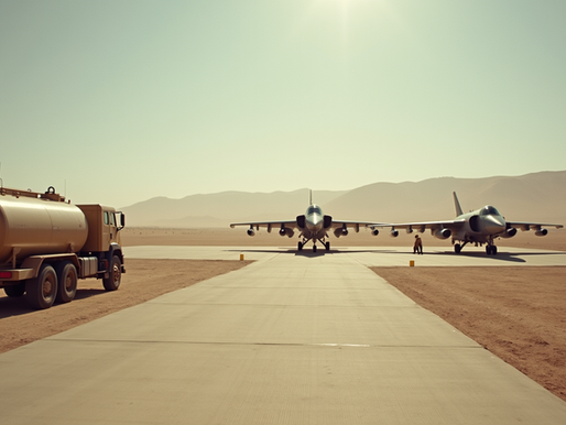 Military jet fueling station showing fuel tanks and equipment