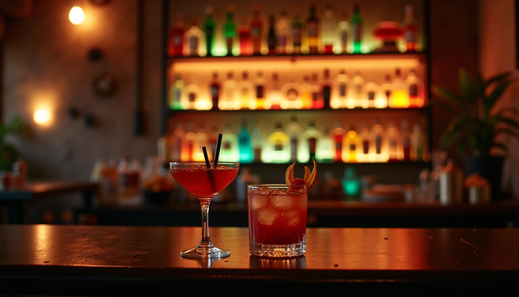 Eye-level view of a cozy cocktail bar interior with colorful bottles and dim lighting