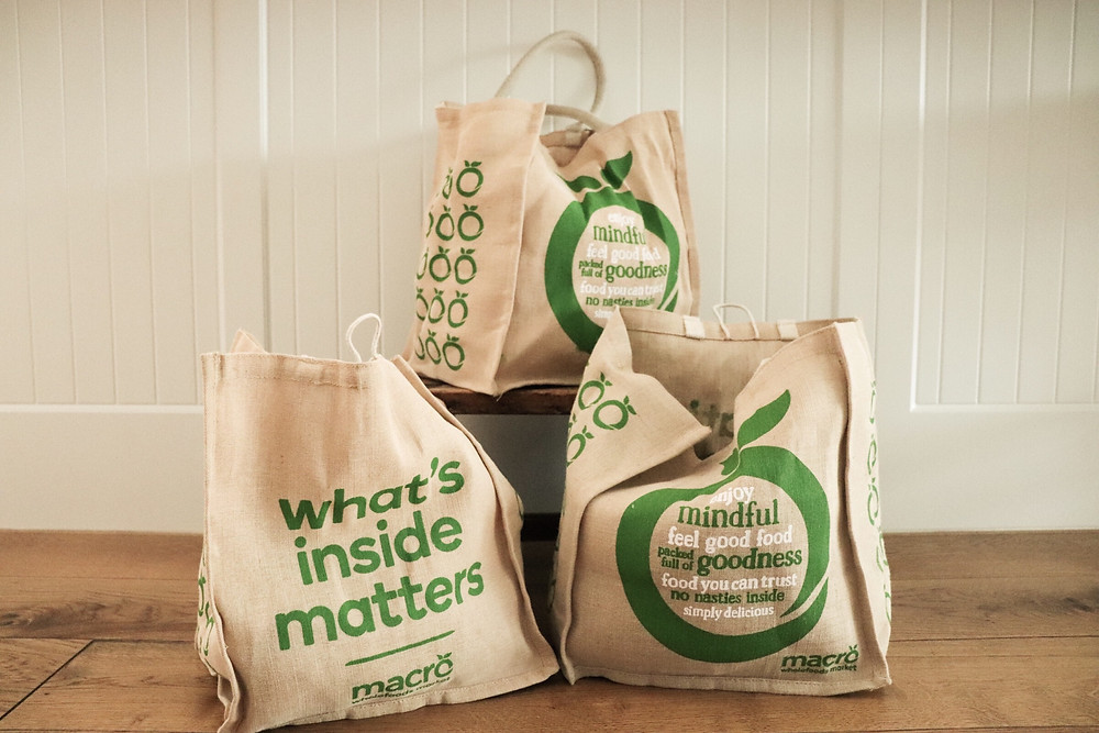 Non-plastic, re-usable grocery bags.