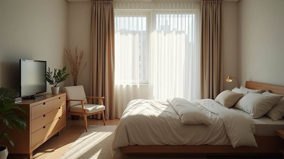 Eye-level view of a calm bedroom