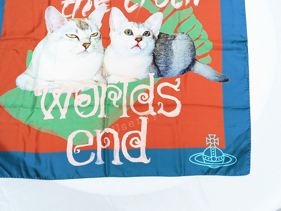 Three cats on Worlds End scarf with text and Vivienne Westwood logo.