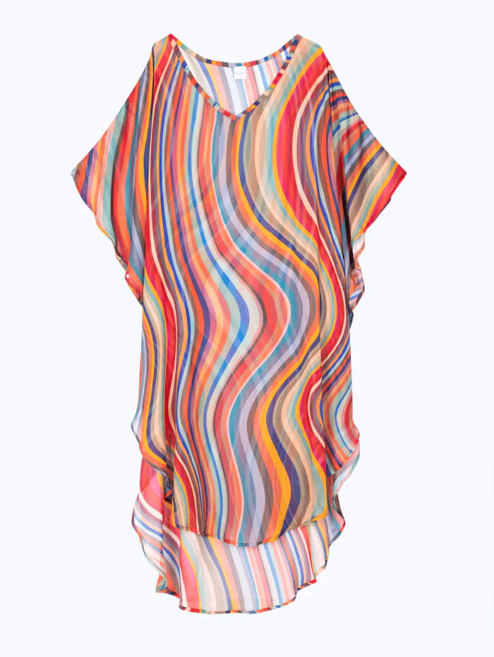 Colorful striped sheer kaftan tunic with wavy pattern, white background.