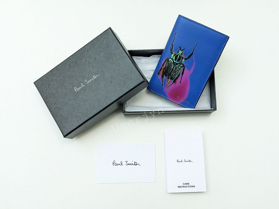 Thumbnail: Paul Smith blue wallet with beetle design, box and cards.