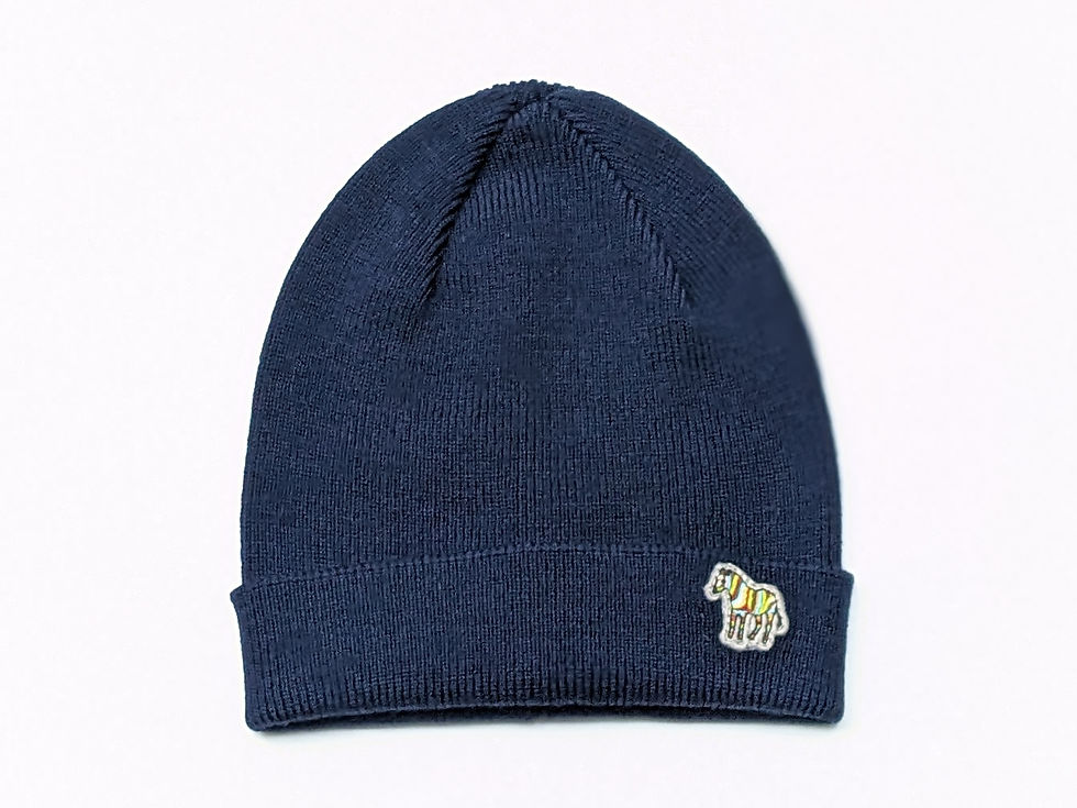 縮圖：Dark blue beanie hat with a colorful embroidered zebra logo design.