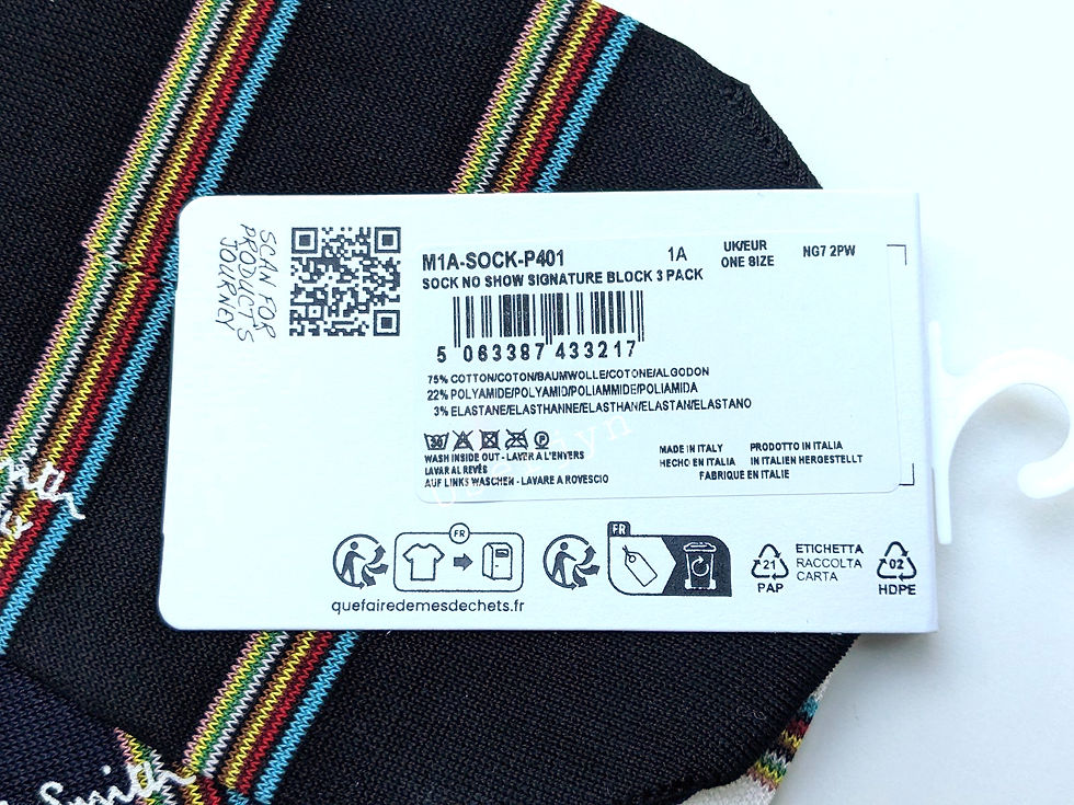 Thumbnail: Product tag "SOCK NO SHOW SIGNATURE BLOCK 3-PACK ONE SIZE" on striped fabric.