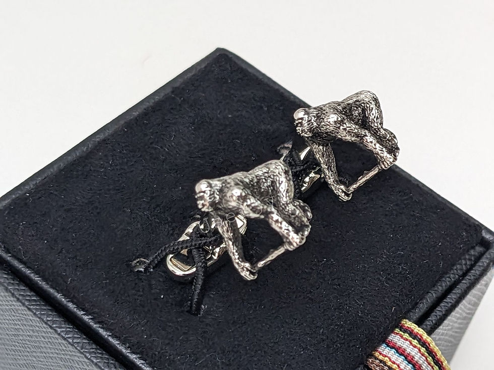 Thumbnail: Silver monkey cufflinks on a black wallet, unique design, close-up shot.