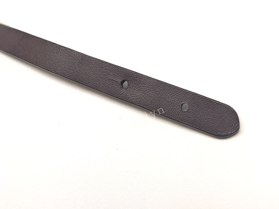 Thumbnail: Close-up of a dark leather belt with two pin holes and details.