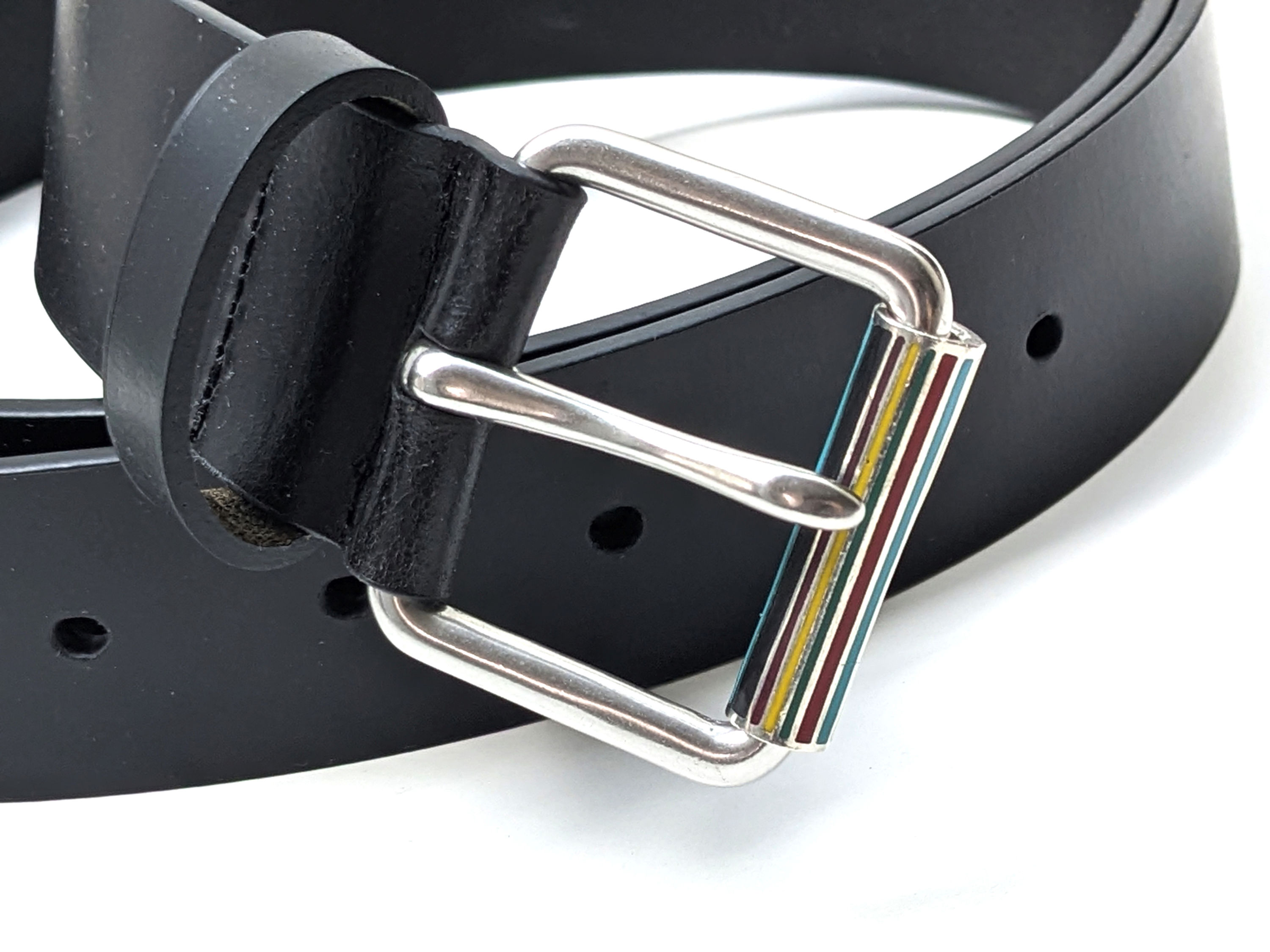 Paul Smith black leather belt with Artist Stripe buckle