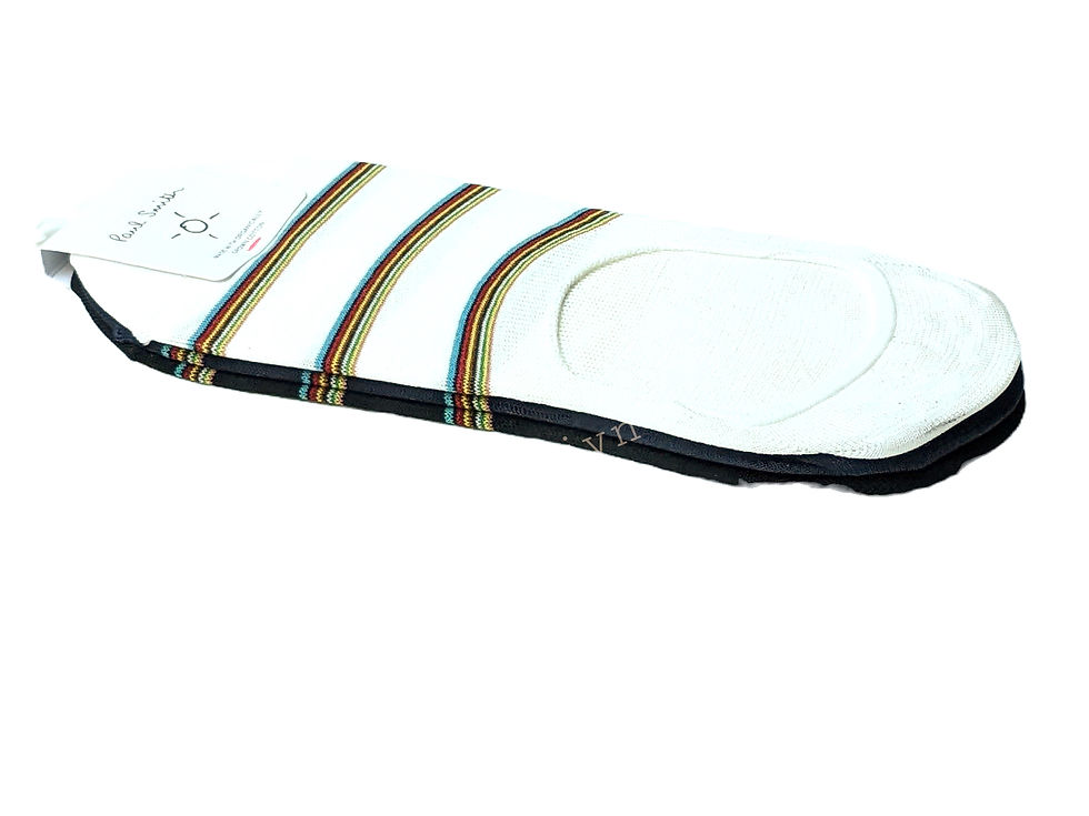 Thumbnail: Stack of white no-show socks with colorful Paul Smith signature stripes.
