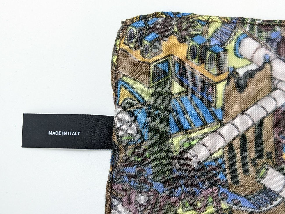 Thumbnail: Textile art with Made in Italy tag. Colorful design with architectural forms.