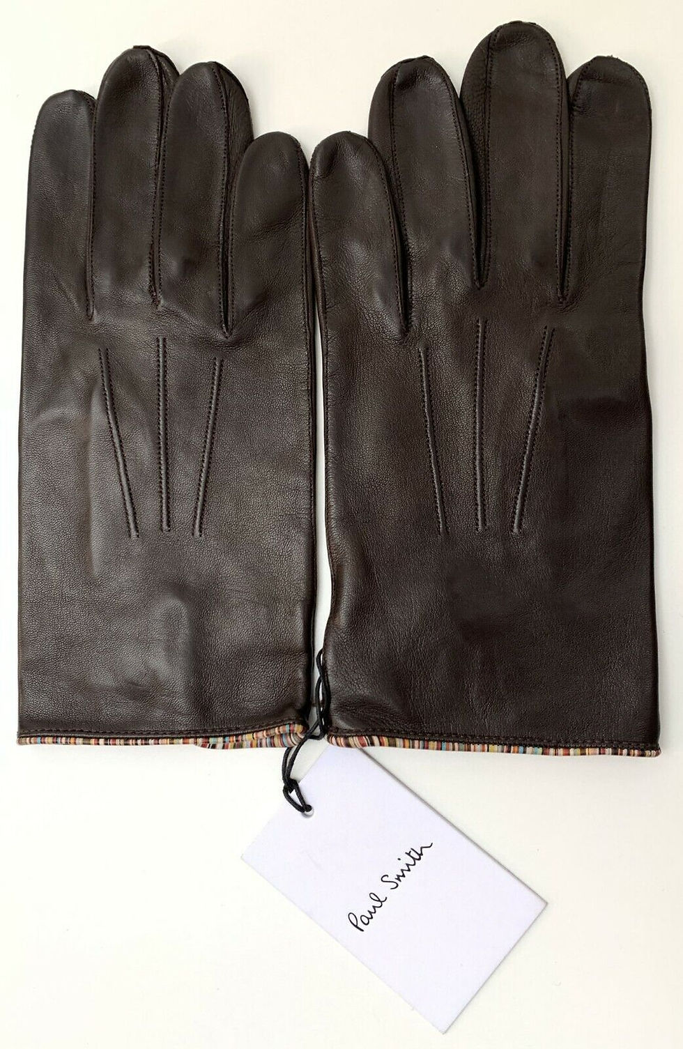 縮圖：Paul Smith Men's Signature Multi Stripe Trim Piping Dark Brown Leather gloves front view